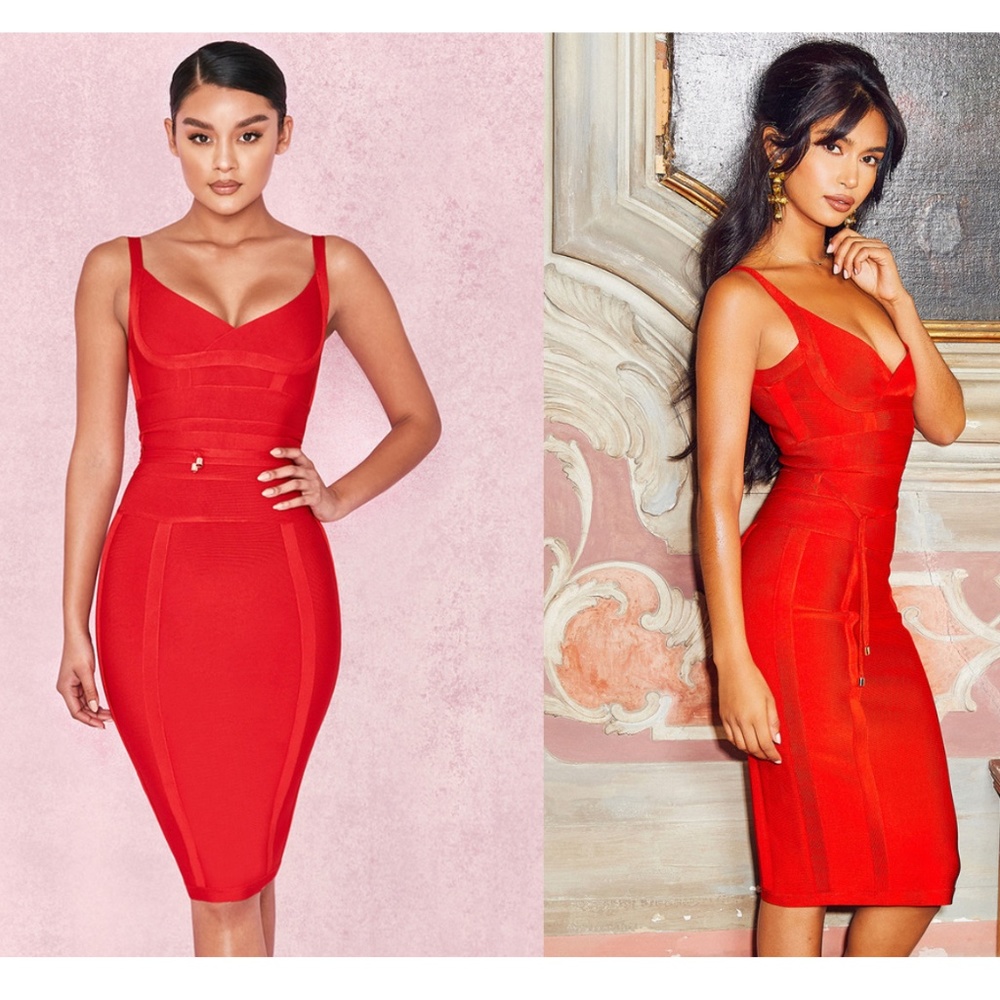 HOUSE OF CB, 'Belice' Red Tie Waist Bandage Dress, Size XS